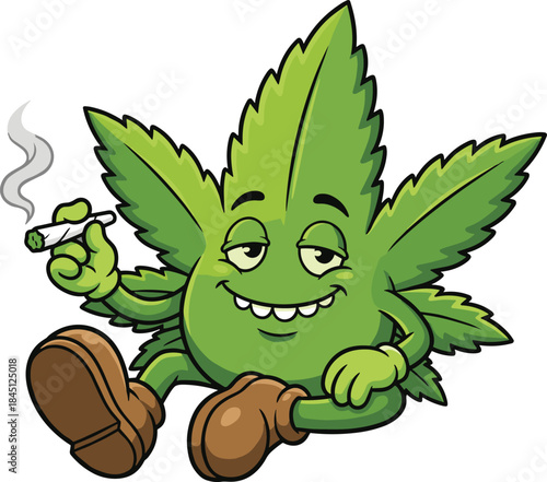 Funny, cartoon, cannabis, leaf, character, smoking, joint, relaxed, smiling, weed, illustration, mascot, chill, lifestyle, humor, playful, green, design, icon, concept
