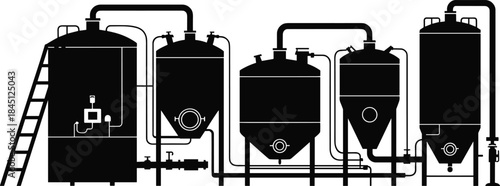 Industrial water treatment and filtration system silhouette illustration showing processing tanks, pipelines, valves, and factory purification infrastructure