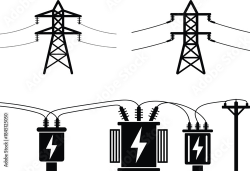 Electrical grid silhouettes, transmission towers, transformers, utility pole, power lines, black silhouette, energy infrastructure, distribution system, substation, flow