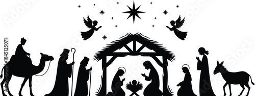 Nativity scene silhouette, birth of Jesus, Christmas illustration, holy family, wise men, angels, star, manger, religious art, tradition
