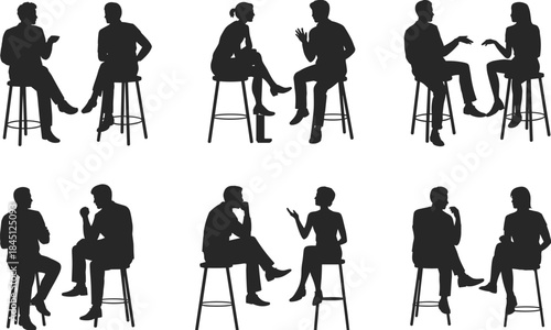People talking silhouette set, seated conversation couples, men and women discussion poses, black human figures, isolated, white background, minimal style