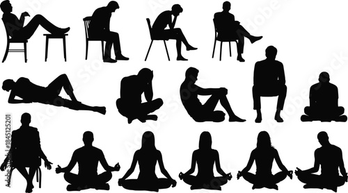 Relaxing people silhouette set, sitting lying meditation poses, stressed calm human figures, black isolated shapes, minimal design, white background, studio