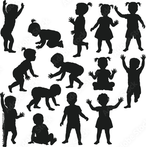 Children silhouettes, playful poses, standing, sitting, squatting, reaching, black silhouette, toddler movement, hairstyle, activity, posture, behavior, development