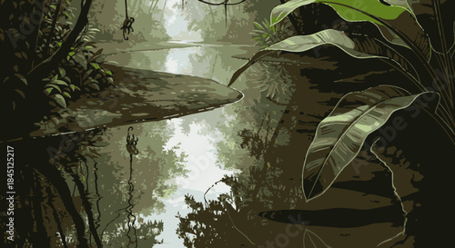 Lush green tropical jungle landscape with a calm river reflecting the dense, vibrant foliage and towering trees under a misty sky.