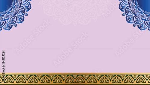 Golden blue mandala art background with border invitation card wedding islamic arabic floral pattern diwali