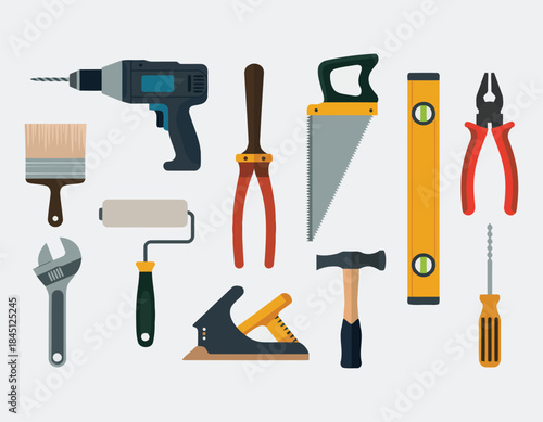 Collection of various hand tools for construction