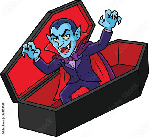 Cartoon vampire rising from coffin, spooky halloween character illustration, funny Dracula monster concept, horror fantasy mascot design