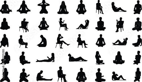 Meditation and sitting people silhouette mega set, yoga relaxed poses, male female human figures, black isolated collection, white background
