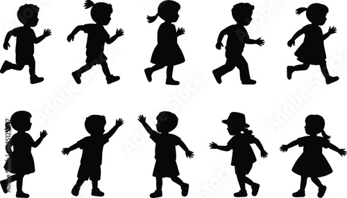Children silhouettes, running, walking, waving, playful movement, black silhouette, hairstyle, clothing variation, childhood activity, energy, gesture, motion, pose