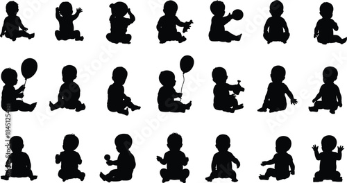 Baby silhouette, seated infant, playful toddler, holding balloon, playing toy, raising hands, black vector, white background, isolated illustration, child posture