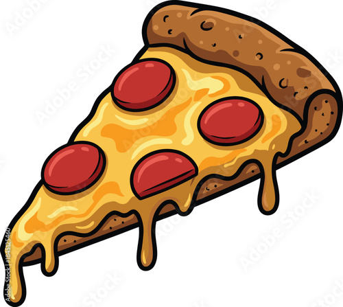 Cheesy pepperoni pizza slice illustration, dripping melted cheese cartoon food art, delicious fast food snack design concept