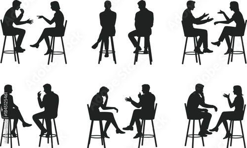 People talking silhouette set, seated conversation couples, men and women discussion poses, black human figures, isolated, white background, minimal style