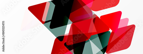 Abstract geometric shapes overlap. Red, gray, white hues create dynamic composition. Modern design, simple forms, visual interest.