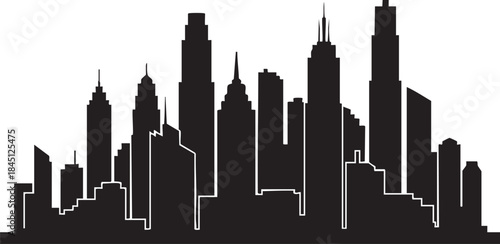 Black and white city skyline silhouette with tall buildings and skyscrapers