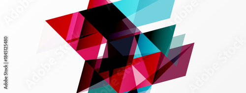 Abstract geometric shapes overlap, creating vibrant color contrasts. Red, teal, black dominate composition. Minimalist design.