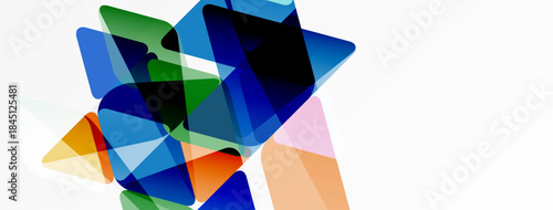 Abstract composition. Overlapping translucent shapes create dynamic visual effect. Colors blend, forming modern aesthetic.