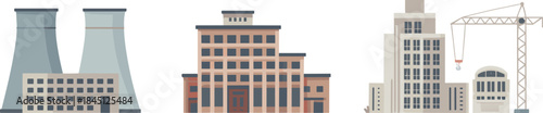 Industrial buildings and power plant illustration set with factory structures and construction crane flat vector design 