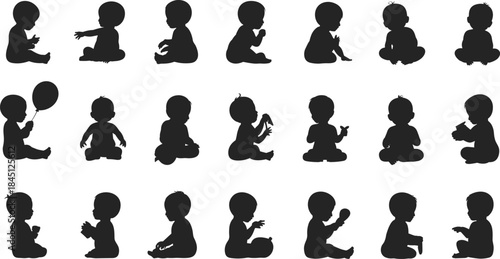 Seated baby silhouette, infant posture, toddler gesture, playing child, holding balloon, toy interaction, black vector, white background, isolated illustration