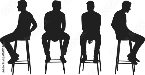 Male sitting silhouette collection showing different poses on stool chair minimalist black vector illustration isolated on white background