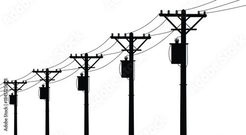 Electric power line silhouette showing utility poles transformers cables perspective growth isolated black vector illustration on white background minimal design