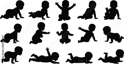 Baby silhouettes, crawling, sitting, reaching, lying down, infant poses, motor development, movement stages, child growth, black silhouette, baby behavior