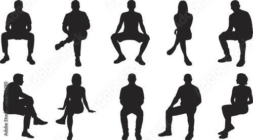 Sitting people silhouette bundle, male and female seated poses, black human figures, isolated collection, modern minimal design, white background