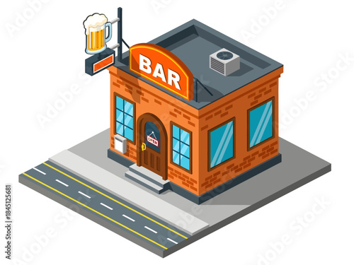 A colorful isometric illustration features a cozy brick building labeled 'BAR' with a hanging beer mug sign, an open door, and a rooftop air conditioner, set on a grey street corner