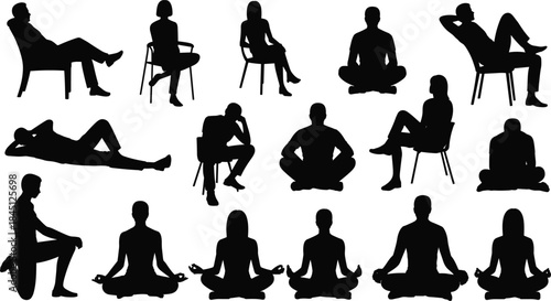 Relaxing people silhouette collection, sitting lying meditation poses, male and female human figures, black isolated shapes, minimal design, white background