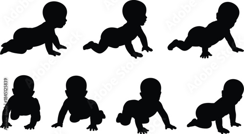 Crawling baby silhouette, infant movement, side view, front view, crawling pose, black vector, white background, isolated illustration, child posture, gesture