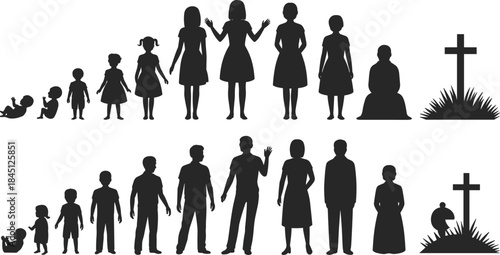 Human life cycle silhouettes, male and female, aging stages, birth to death, black silhouette, growth, development, mortality, timeline