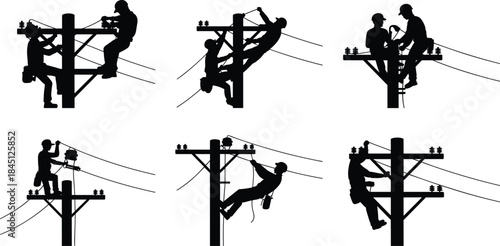 Utility worker silhouettes, electrical pole tasks, climbing, repairing, inspecting, black silhouette, power line maintenance, safety gear, infrastructure, labor