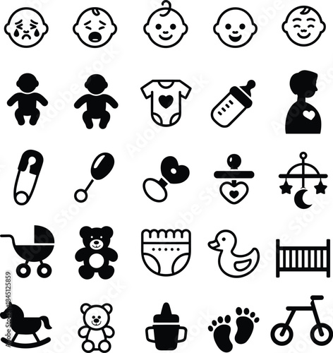 Baby icons, childcare symbols, baby face, crying infant, baby bottle, pacifier, stroller, teddy bear, diaper, black vector, white background
