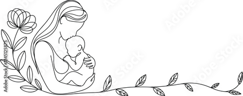 Parent holding baby, line art, floral design, tender gesture, minimalist style, black vector, white background, isolated illustration, love, care