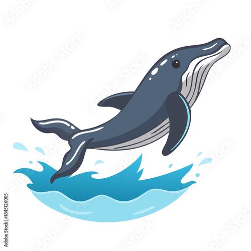 Humpback whale breaching from blue ocean waves colorful flat vector illustration