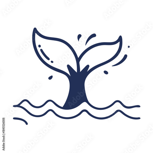 Blue whale tail emerging from ocean waves simple nautical outline vector icon
