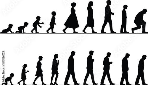 Human life cycle silhouettes, male and female, aging progression, crawling to elderly, black silhouette, development, mortality, timeline, growth