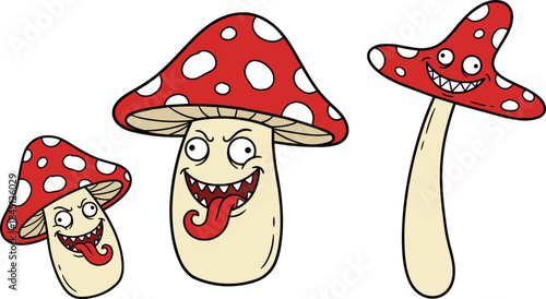 Funny cartoon mushrooms characters set, creepy fantasy toadstool illustration, playful monster fungi design, surreal nature concept art