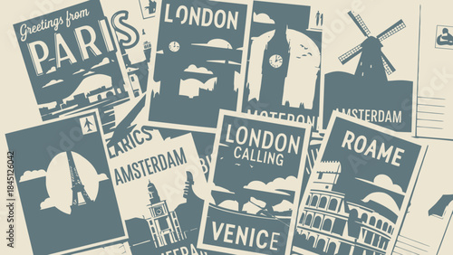 Collection of travel postcards from paris, london, amsterdam and venice on beige background with vintage windmill and city landmarks in blue and beige tones