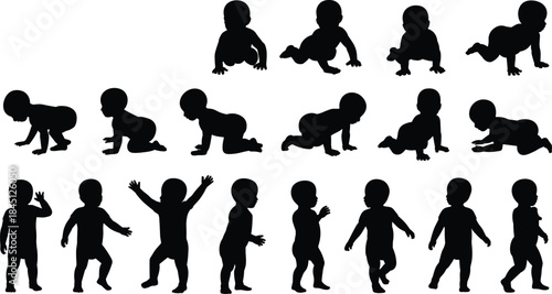 Baby movement silhouettes, crawling, standing, walking, infant development stages, motor skills, growth, posture, progression, toddler milestones, black silhouette, baby motion