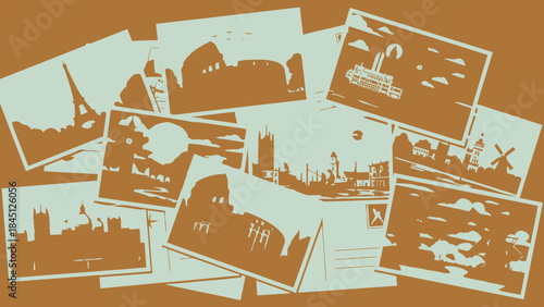 Scattered vintage travel postcards with city skylines and famous landmarks in brown and blue tones on a warm background