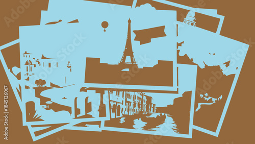 Collage of polaroid photos featuring iconic parisian landmarks including eiffel tower and cityscape in sepia tone and blue