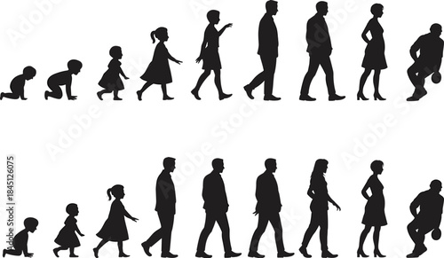 Human life stages silhouettes, male and female, aging progression, crawling to elderly, black silhouette, development, growth, timeline, aging, cycle