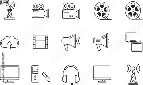 Video Recording Equipment and Media Devices Icon Set, Digital Technology and Communication, Flat Graphic Illustration