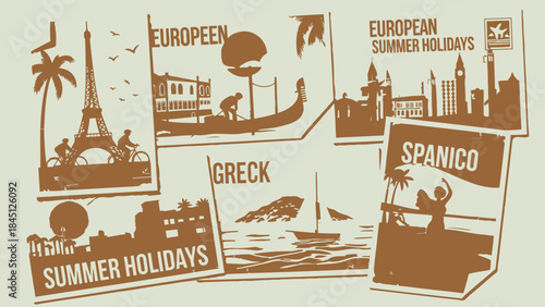 Illustration of iconic european landmarks and summer holiday destinations in a vintage postcard style with sepia tones and travel text