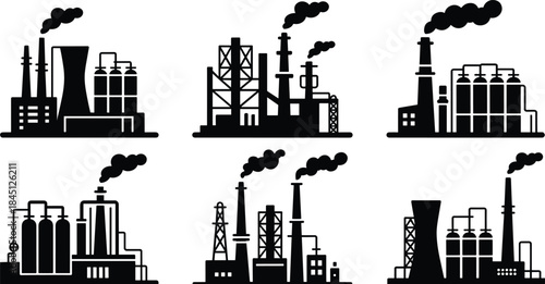 Industrial factory silhouette set, power plant oil refinery buildings, smoke chimneys, black energy infrastructure icons, isolated, white background