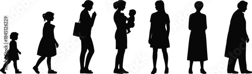 Woman life stages silhouette, aging progression, childhood to elderly, female development, black silhouette, timeline, growth, motherhood, maturity, aging