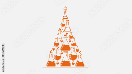 Christmas tree made of laboratory glassware, orange beakers and flasks stacked high with star on top, chemistry lab equipment forming festive holiday shape