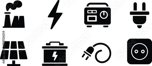 Electricity icon set, power generation, energy source, solar panel, battery, plug, outlet, black vector, white background, isolated illustration