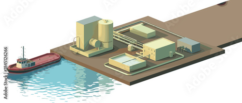 Isometric industrial water treatment facility near harbor with processing tanks, pipelines, and service boat for environmental infrastructure concept