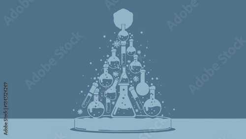 Blue christmas tree made of laboratory glassware and equipment, science holiday decoration with beakers and flasks on table